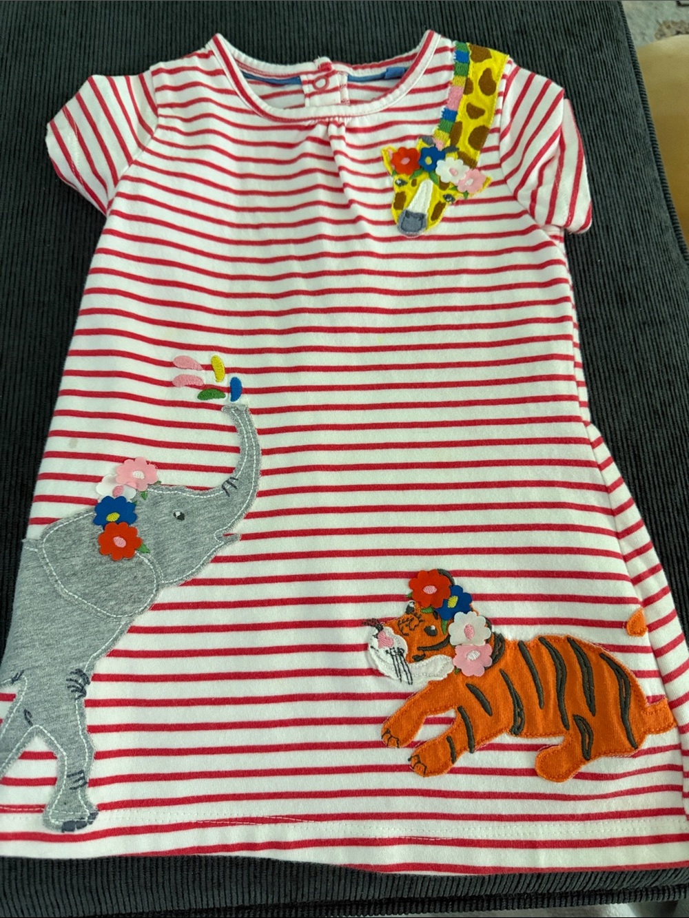Baby Boden White and Red Striped Dress with Animal Appliqués